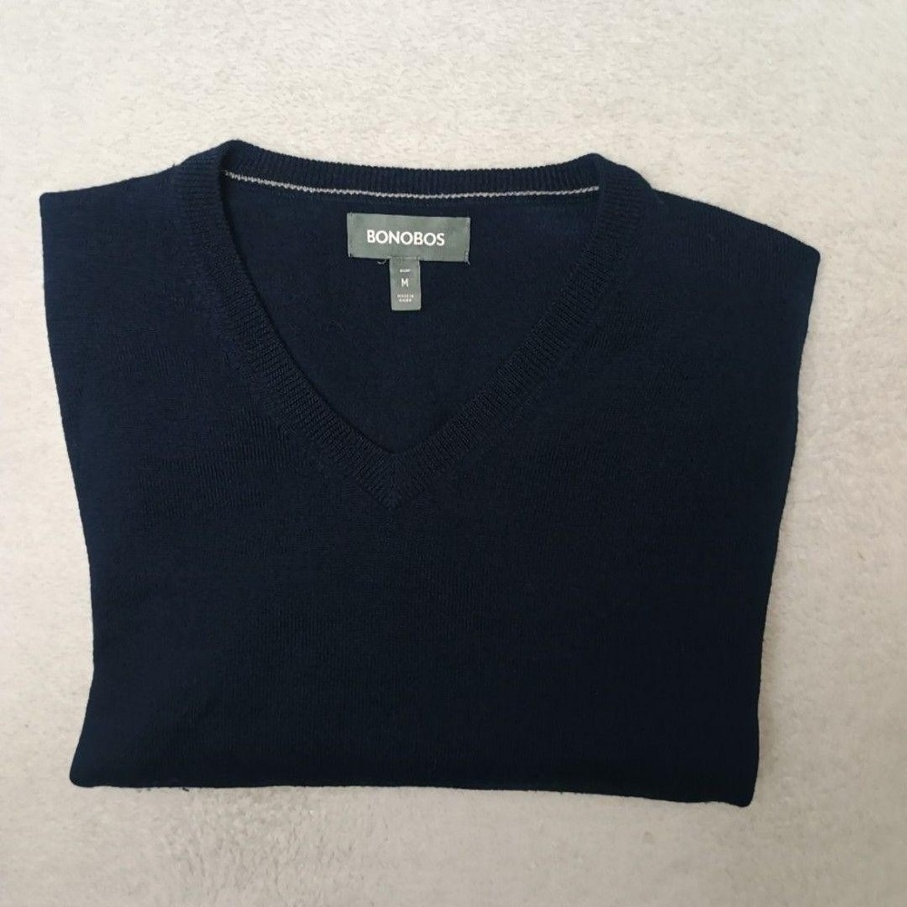 Bonobos Sweater Mens M Blue V-Neck Slim Extra Fine Merino Wool Pullover